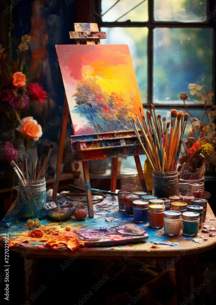 Abstract painting painted with tempera colors, brushes and colors in the background. Generative AI. Abstract painting painted with tempera colors, brushes and colors in the background. Generative AI.