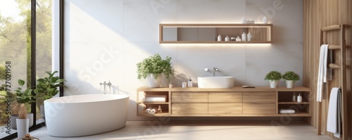 Beautiful modern bathroom in white design. Generative AI. © Simona