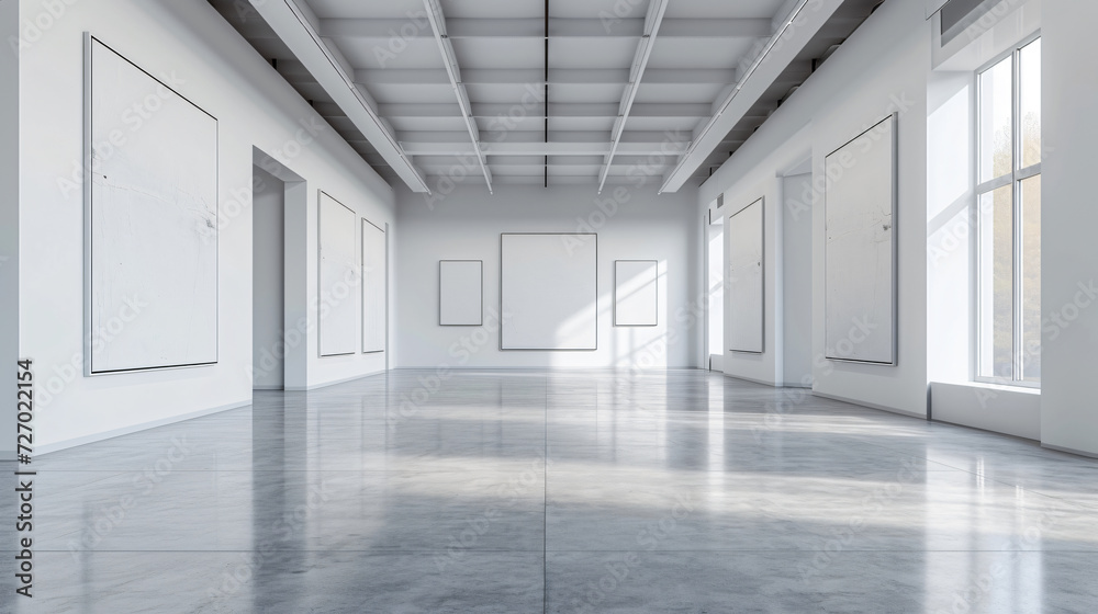 A large, white, empty gallery with windows. There are three large blank posters on the wall. The room has a minimalistic and modern aesthetic. A large, white, empty gallery with windows. There are three large blank posters on the wall. The room has a minimalistic and modern aesthetic.