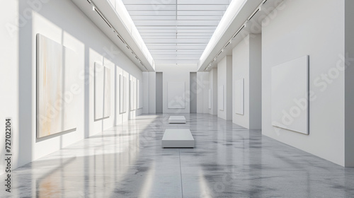 A large, white, empty gallery with windows. There are three large blank posters on the wall. The room has a minimalistic and modern aesthetic.