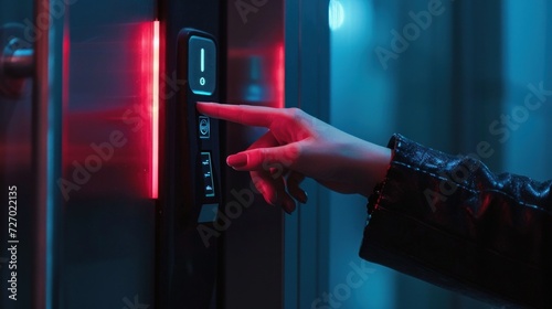 Closeup of a woman's finger entering password code on the smart digital touch screen keypad entry door lock in front of the room photo