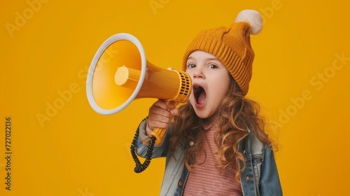 Child screams into megaphone, vibrant energy photo