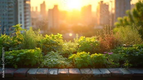 In a city setting with mild morning light, deft urban farming and colorful rooftop gardens space, Generative AI.