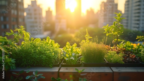 In a city setting with mild morning light, deft urban farming and colorful rooftop gardens space, Generative AI. photo
