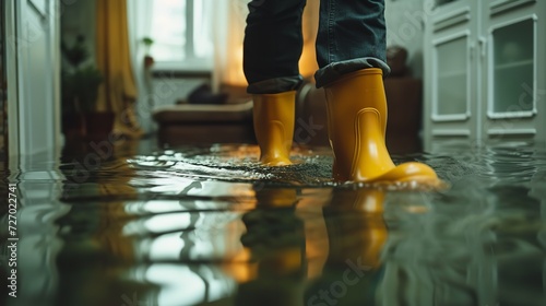 In a flooded domicile, a man wears rubber booties and space, Generative AI.