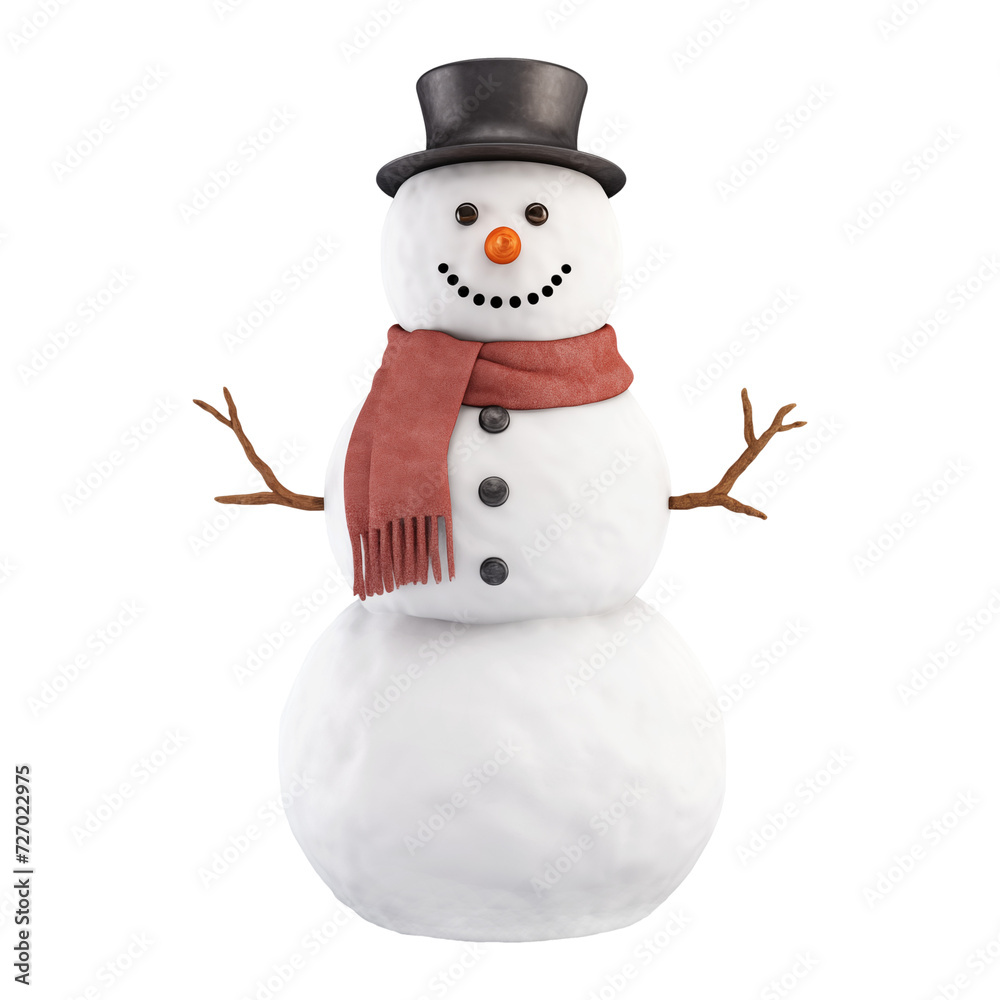 Illustration of a snowman with black hat cut out on a transparent background. Winter fun. Snowman with a black hat and brown scarf on a white background. Design element to be inserted into a project
