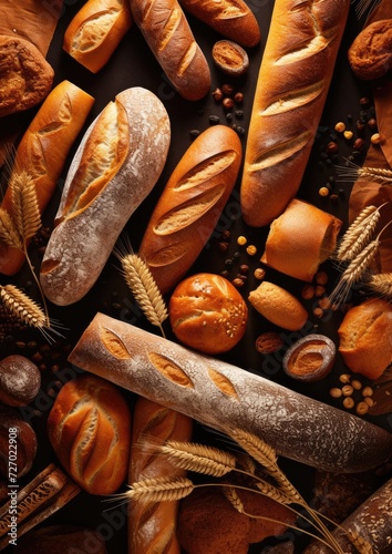 Different types of bread, rolls and pastries, food concept. Generative Ai.