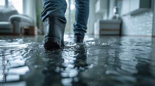 In a flooded domicile, a man wears rubber booties and space, Generative AI. photo