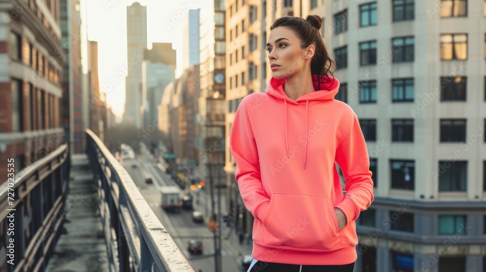 A woman in a coral pink hoodie, standing on a city bridge, with the cityscape behind her, hoodie's mockup