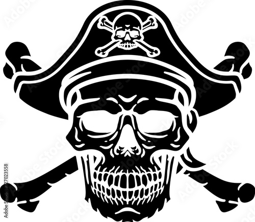 A pirate skull and crossbones jolly roger grim reaper cartoon wearing captain a hat and eye patch