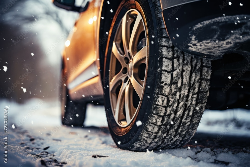 Demonstrating the effectiveness of winter tires, this image captures a car seamlessly maneuvering through a snowy terrain.
