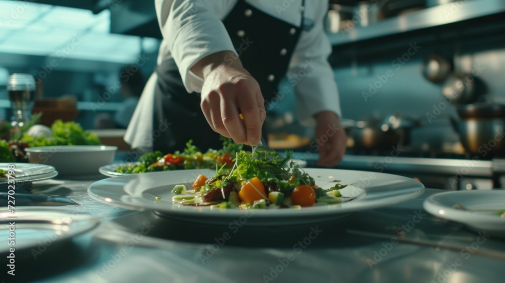 Professional kitchen, showing a chef artfully plating a dish with precision and creativity. Professional kitchen, showing a chef artfully plating a dish with precision and creativity.