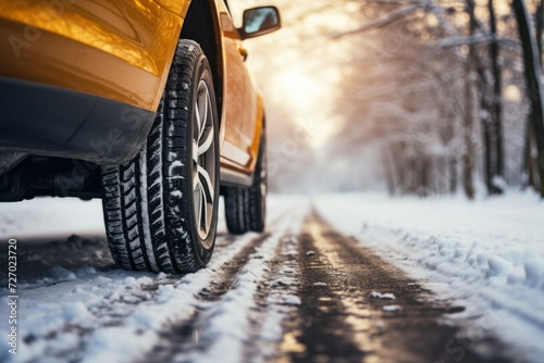 Highlighting the importance of winter tire safety, this photo exhibits a car effortlessly driving through snowy conditions.