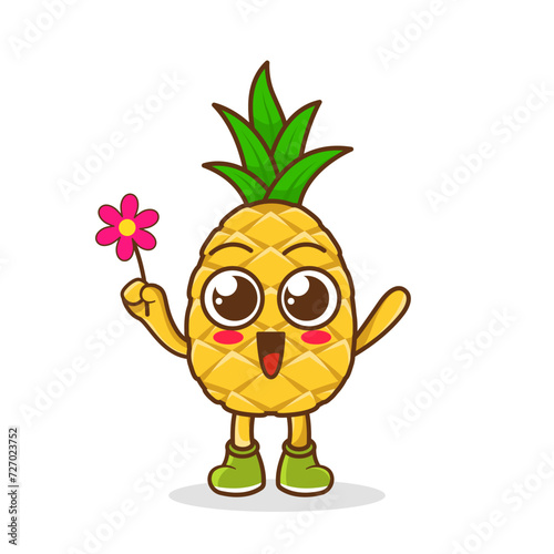 Cute cartoon pineapple fruit character holding flower
