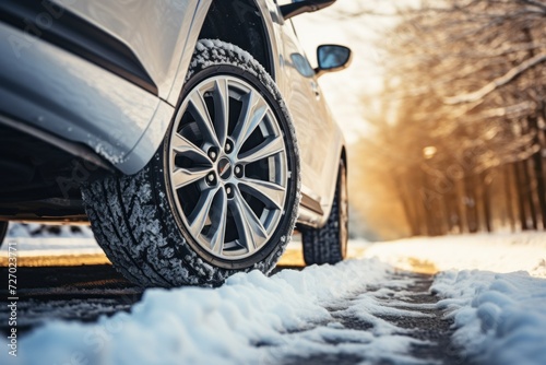 High-performance winter tires in action: a vehicle glides effortlessly through a snowy landscape, showcasing superior traction