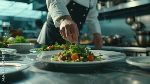 Professional kitchen  showing a chef artfully plating a dish with precision and creativity.