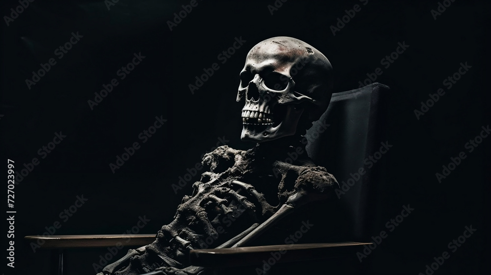 a skull sitting on a chair with a dark background a skull sitting on a chair with a dark background