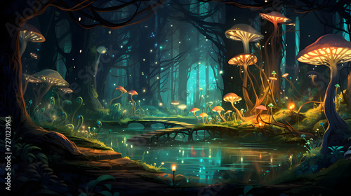 the forest is lit up with mushrooms and flowers, in the style of realistic fantasy artwork, fantastical street, dark emerald and light cyan,  Free Photo,,
Spring Dew in the Forest Glade Wallpaper

 photo