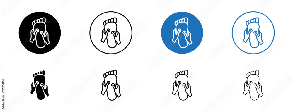 Reflexology foot massage line icon set. Therapeutic footprint symbol in black and blue color.