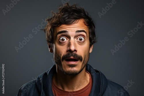 portrait of mature mustachioed man reacting emotionally to what he sees