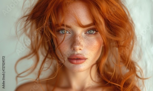 red-haired beauty, freckles, flawless skin, expressive green eyes, and sensuous lips—capturing the essence of natural allure and self-care
