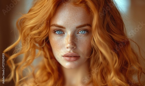Beauty in focus: red-haired girl, freckles, flawless skin, green eyes, and sensual lips—an embodiment of natural beauty and genuine skincare