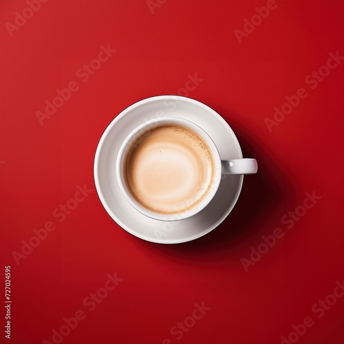 Cup with aromatic cappuccino on red background, top view