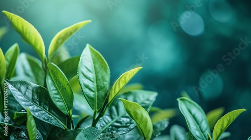In-depth of green tea leaves and buds against a backdrop of tropical foliage with space, Generative AI.