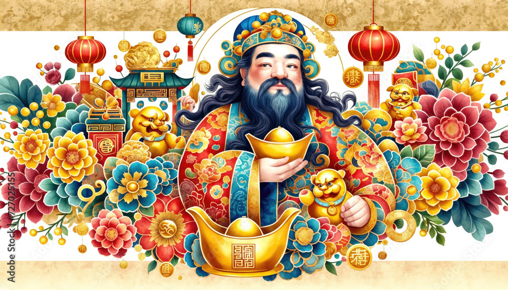 This illustration depicts the Chinese God of Wealth, Caishen, in a colorful and vibrant setting adorned with flowers, lanterns, and gold ingots symbolizing fortune.