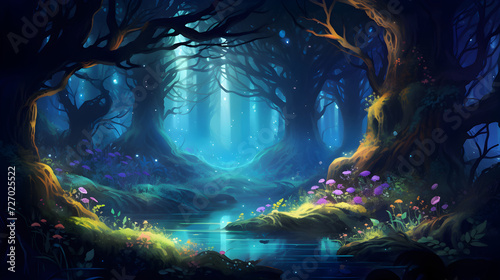 Photo painting of a waterfall in the night,, Fantasy magical enchanted fairy tale landscape, fabulous fairytale garden. mysterious background and glowing in night,Magical fantasy fairy tale scenery, 