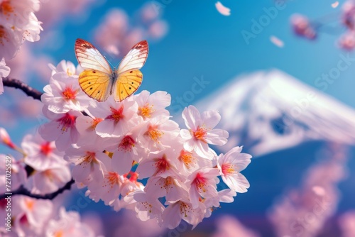 A close-up photograph of cherry blossoms with a butterfly, beautifully set against Mount Fuji in the background, bright and beautiful spring flower background. 