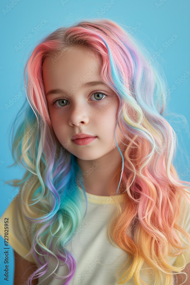 beautiful young girl with dyed colorful hair isolated on pastel background beautiful young girl with dyed colorful hair isolated on pastel background