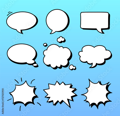 Speech bubbles icons set for comics. Callout clouds cartoon illustrations. Vector illustrations collection. Cartoon words balloons for Comic book
