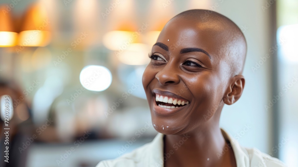 A woman with a buzz cut and a vibrant personality, laughing at a joke her dentist made to ease her nerves, - obrazy, fototapety, plakaty 