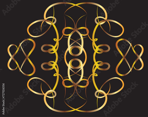 Fancy graphic pattern with swirls. Gold gradient on a black background for printing on fabric, applique and cards.