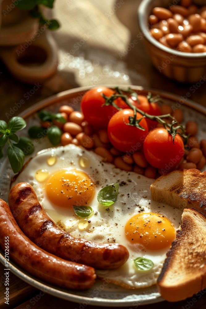 Traditional English breakfast with fried eggs, beans , toast , tomato and grilled sausages Traditional English breakfast with fried eggs, beans , toast , tomato and grilled sausages