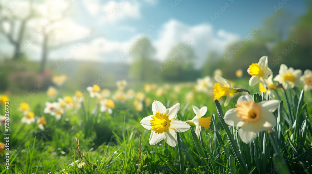 Fototapeta premium Easter Meadow: Spring Background with Daffodils on Sunny Day