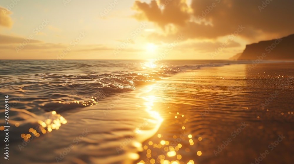 The setting sun sparkles on the ocean's gentle waves, with a warm, golden light washing over the serene beach. The setting sun sparkles on the ocean's gentle waves, with a warm, golden light washing over the serene beach.