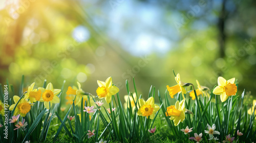 Easter Meadow  Spring Background with Daffodils on Sunny Day