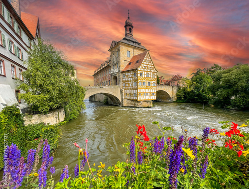 bridge with old town hall over the river in the city of bamberg, bavaria germany photo