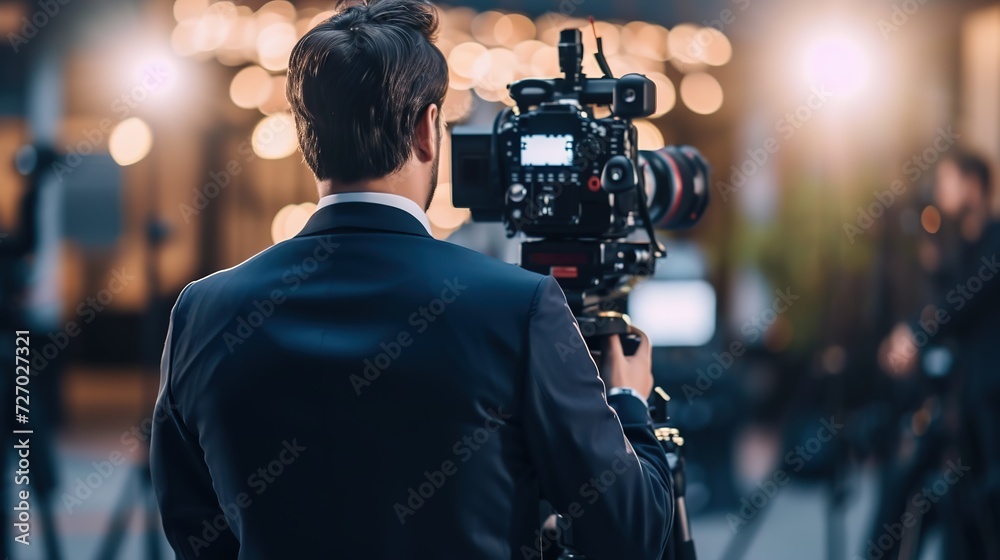Rear view of a cameraman in a suit operating a professional video camera during an outdoor evening event with bokeh lights.