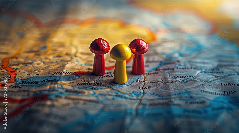 Red and yellow game pawns are used as markers on a geographical map, signifying key locations or strategic planning for travel or game strategy. Red and yellow game pawns are used as markers on a geographical map, signifying key locations or strategic planning for travel or game strategy.