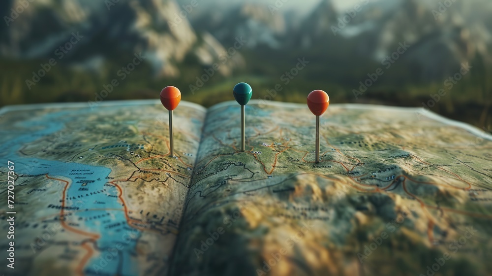 Orange and blue pins strategically placed on a topographic map's trail routes, against the backdrop of majestic mountains, for hiking or trekking. Orange and blue pins strategically placed on a topographic map's trail routes, against the backdrop of majestic mountains, for hiking or trekking.