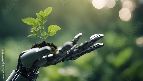 Environmental technology concept, Robot hand holding small plants, Artificial Intelligence and Techn