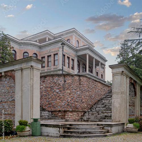 Staircase leading to Ottoman Mecidiye Pavilion, or Beykoz Mecidiye Kasri, built in 1845 to be presented to Sultan Abdulmecid by Mohamed Ali Pasha, Governor of Egypt, Beykoz district, Istanbul, Turkey