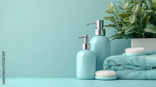 Mock up lotion bottles perched at a blue backdrop with a candle and a plant vase and space, Generative AI.