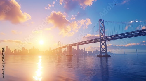 The sun rises, casting a warm glow over a city skyline and suspension bridge, reflecting off the calm waters below.
