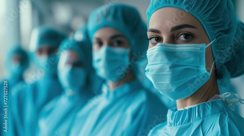 Surgeons Team Wearing Protective Uniforms, Standing In Row And Looking At Camera