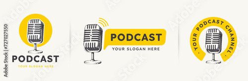 set vintage Microphone radio podcast logo design