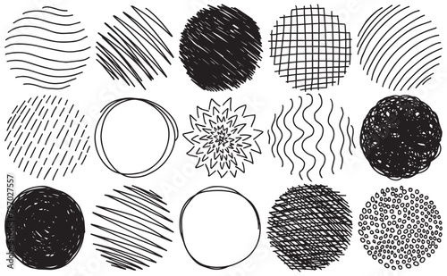 Set of hand drawn scribble circles, ovals, ellipses sketch vector. Marker scratch line circles curve doodle frame. Ink circles round zigzag. Pencil or pen orbiting graffiti bubble or ball draft vector